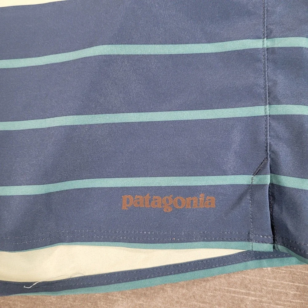 Patagonia Board Shorts Men's Size 38 Blue Teal Stripe Swim‎ Trunks Pockets